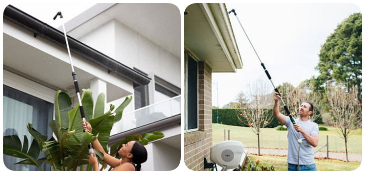 Collage of a man and a woman using GutterJet to clean their gutters