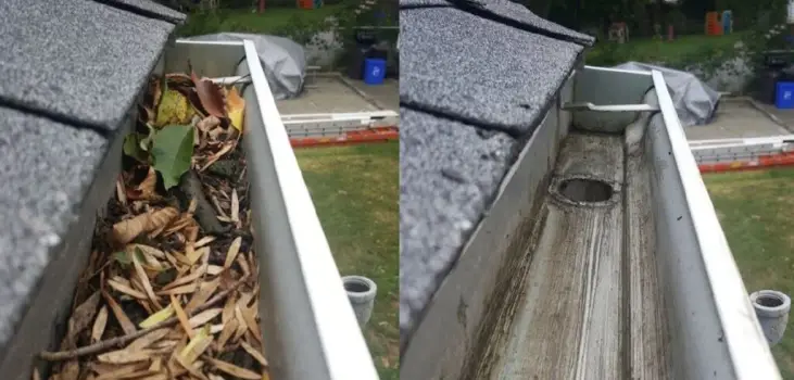 Gutter cleaning before and after collage